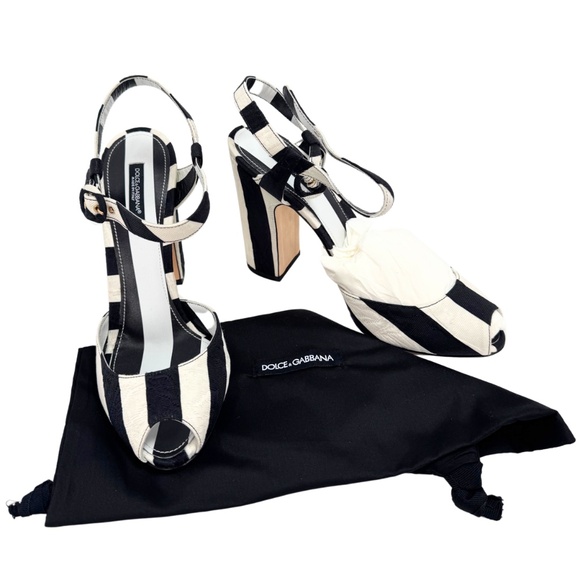 Dolce & Gabbana Peep Toe B/W Striped Brocade Fabric Sandals - Picture 11 of 13